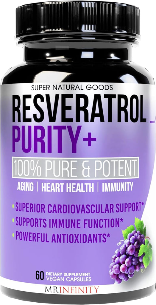 Resveratrol Purity+ Antioxidants Supplement, Anti Aging Support, Gut Health & Immune System - Purified Red Grape Extract for Men & Women - 60 Capsules